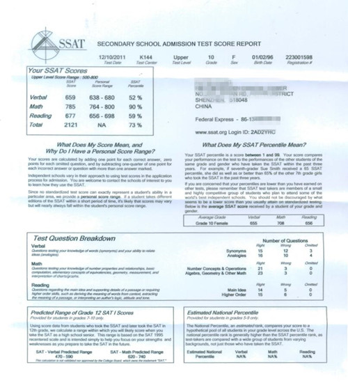 SSAT 成绩单